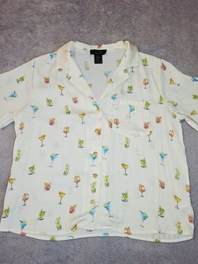 Rachel Roy Cocktail Print Camp Shirt XS Orange Buttons
